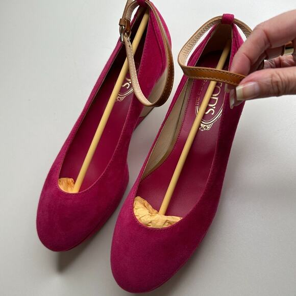 Tod's Deep Pink Suede Ankle Strap Ballerina Style Round Toe Wedge Shoes 38 / 8 - Picture 13 of 13